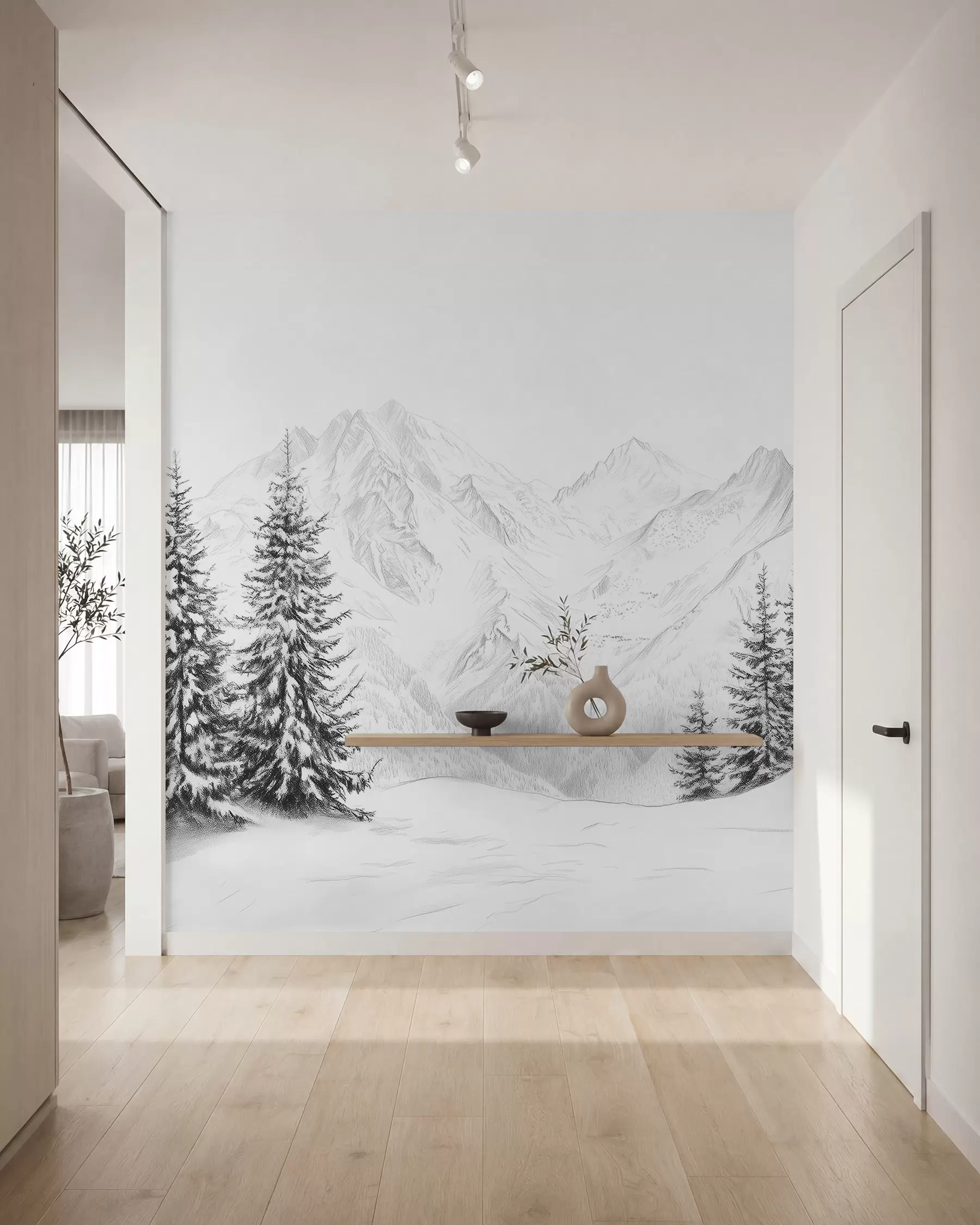 zidne murale Snježne planine, crtež olovkom, minimalizam, šuma, priroda w02351