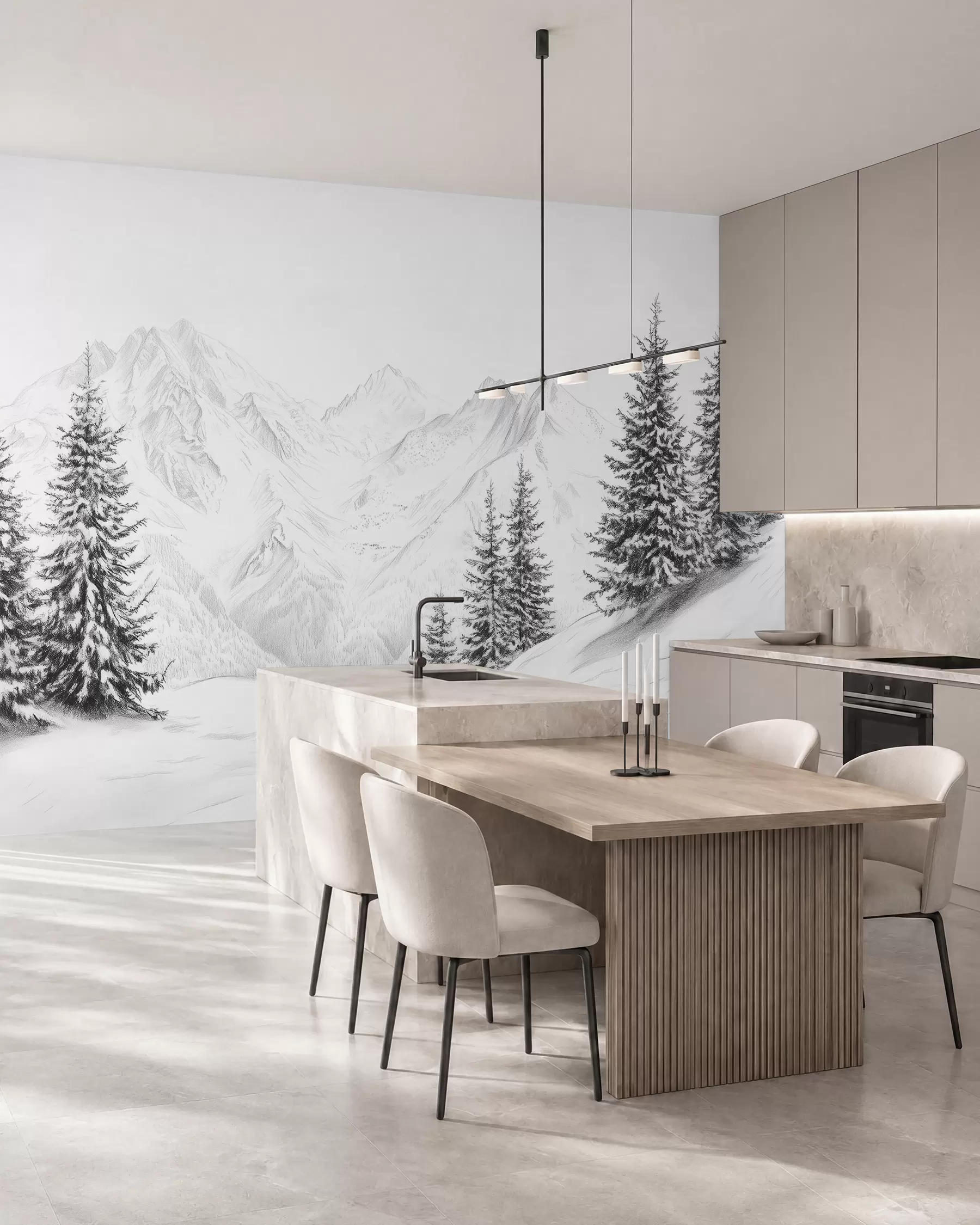 zidne murale Snježne planine, crtež olovkom, minimalizam, šuma, priroda w02351