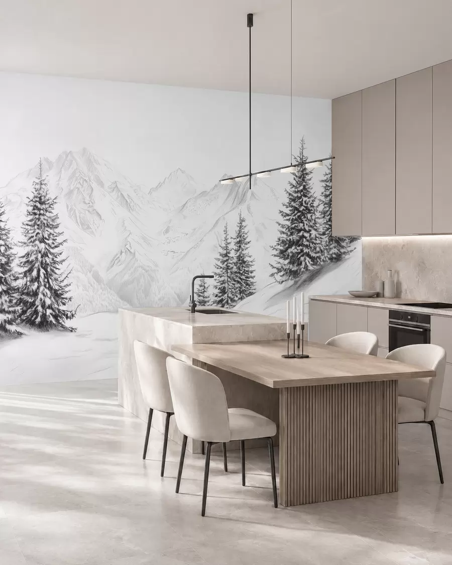 zidne murale Snježne planine, crtež olovkom, minimalizam, šuma, priroda w02351
