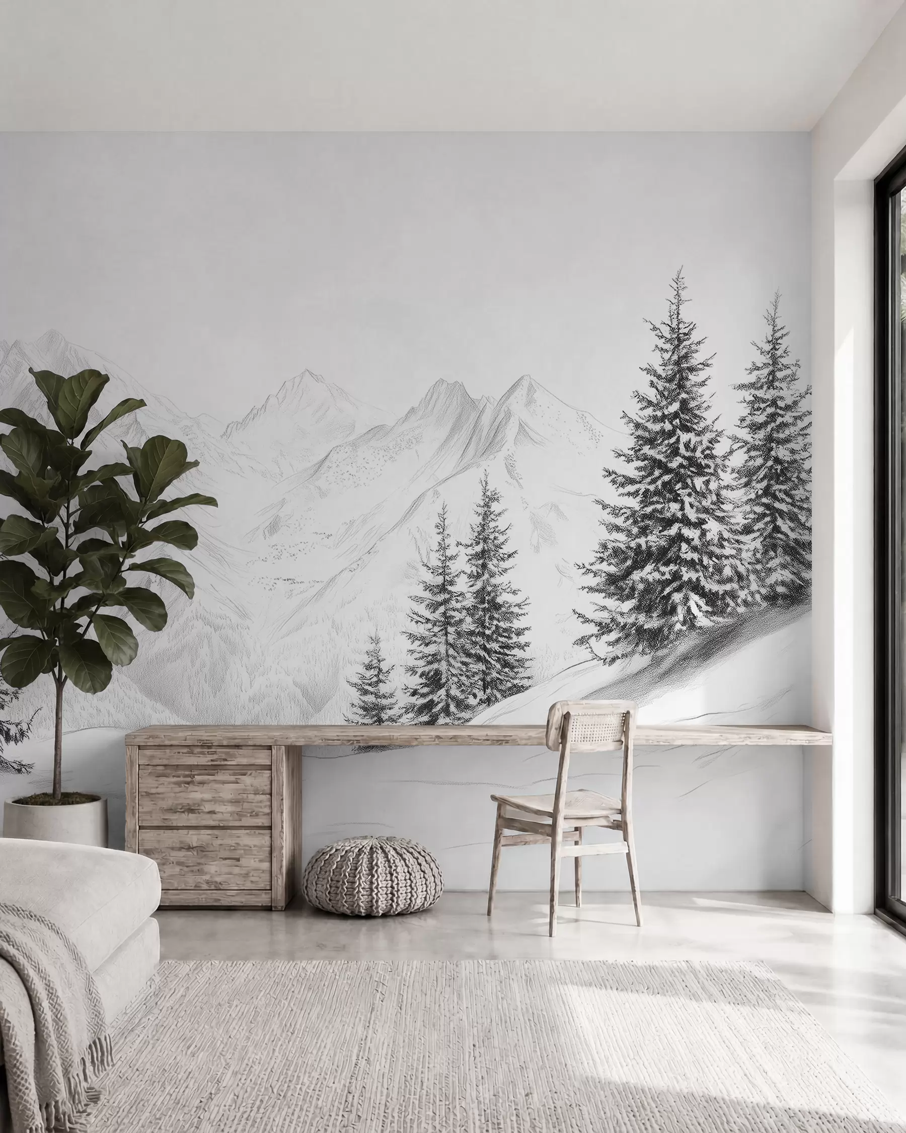 zidne murale Snježne planine, crtež olovkom, minimalizam, šuma, priroda w02351