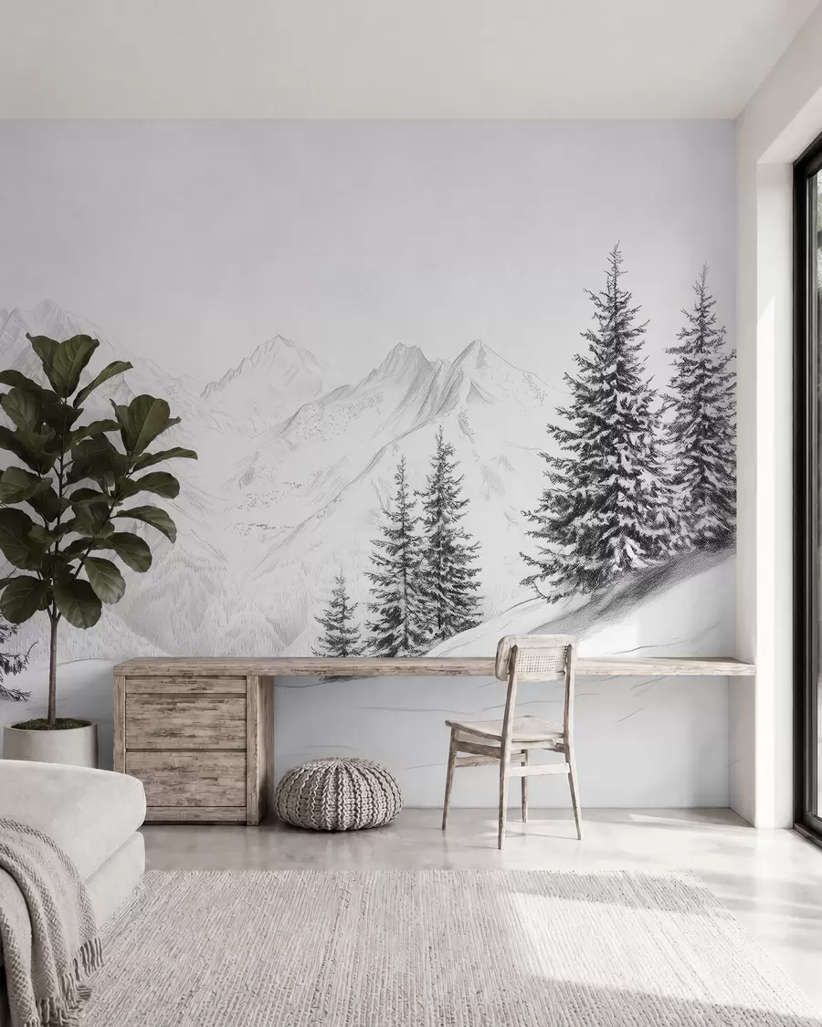 zidne murale Snježne planine, crtež olovkom, minimalizam, šuma, priroda w02351