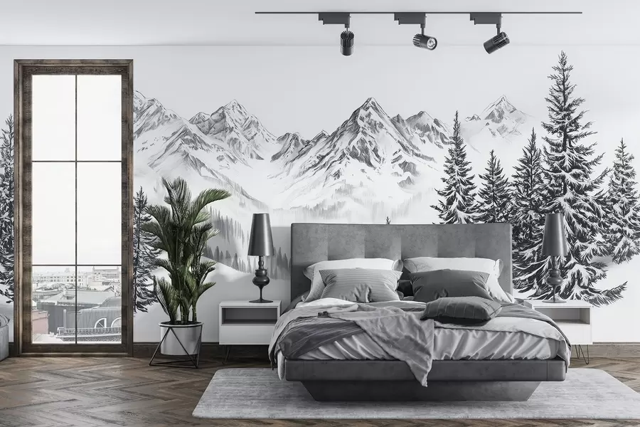 zidne murale Alpske planine u snijegu, stil olovke, minimalizam w02352