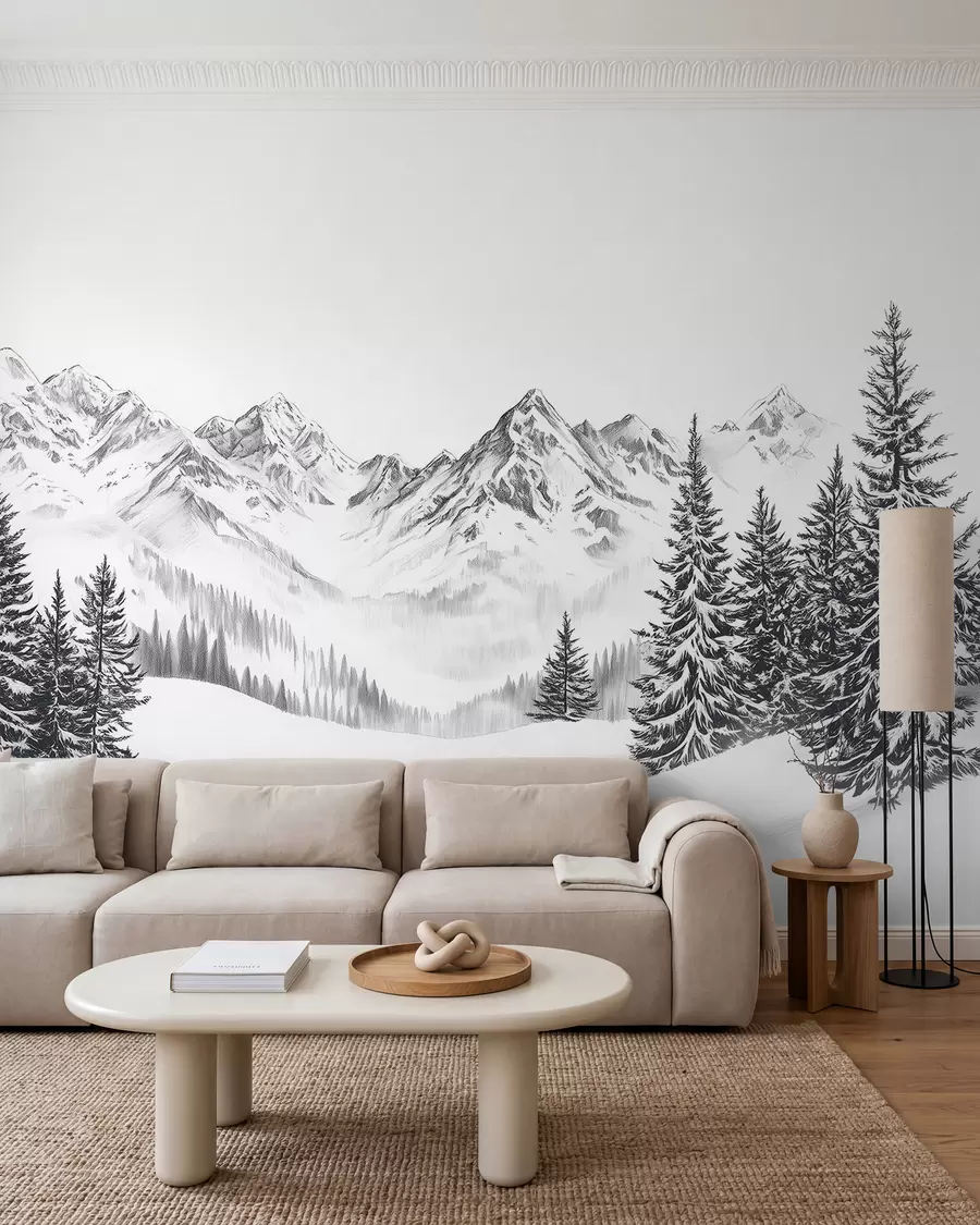 zidne murale Alpske planine u snijegu, stil olovke, minimalizam w02352