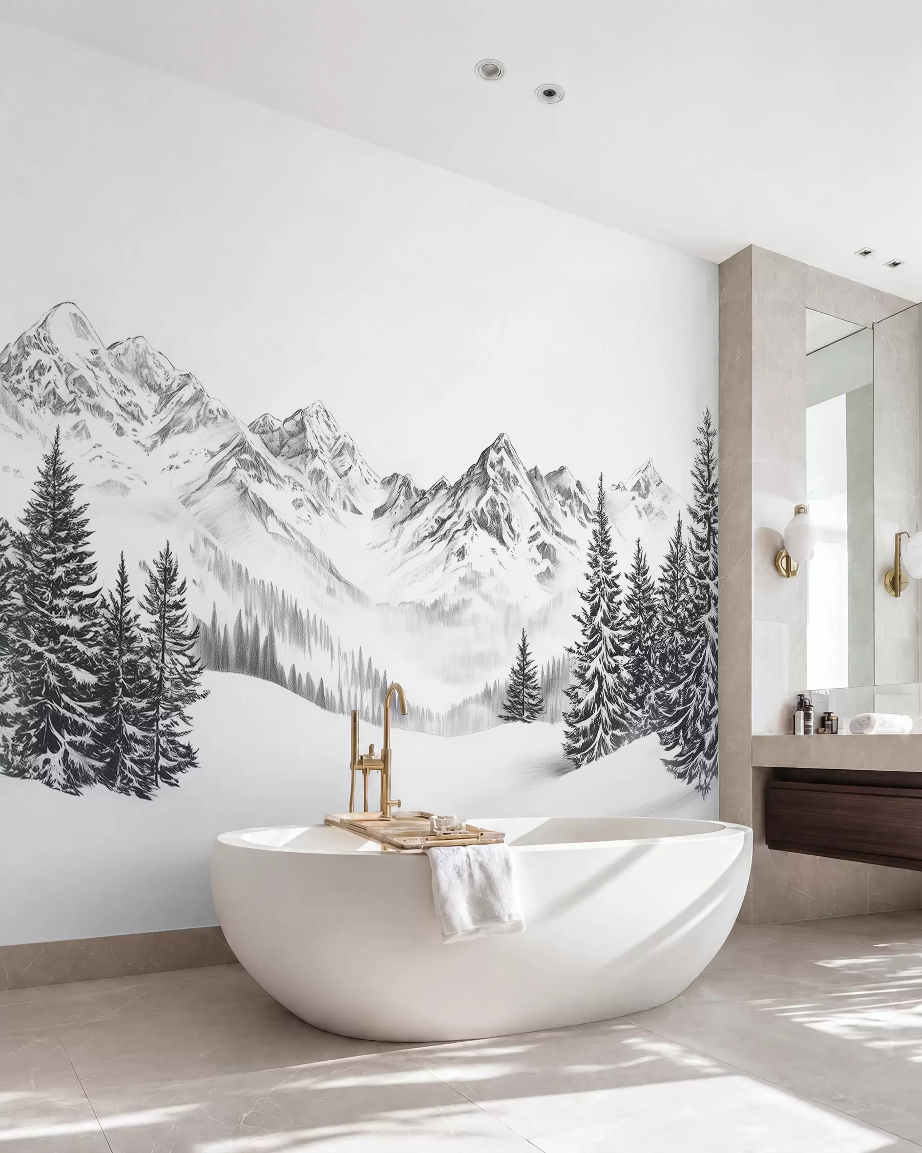 zidne murale Alpske planine u snijegu, stil olovke, minimalizam w02352