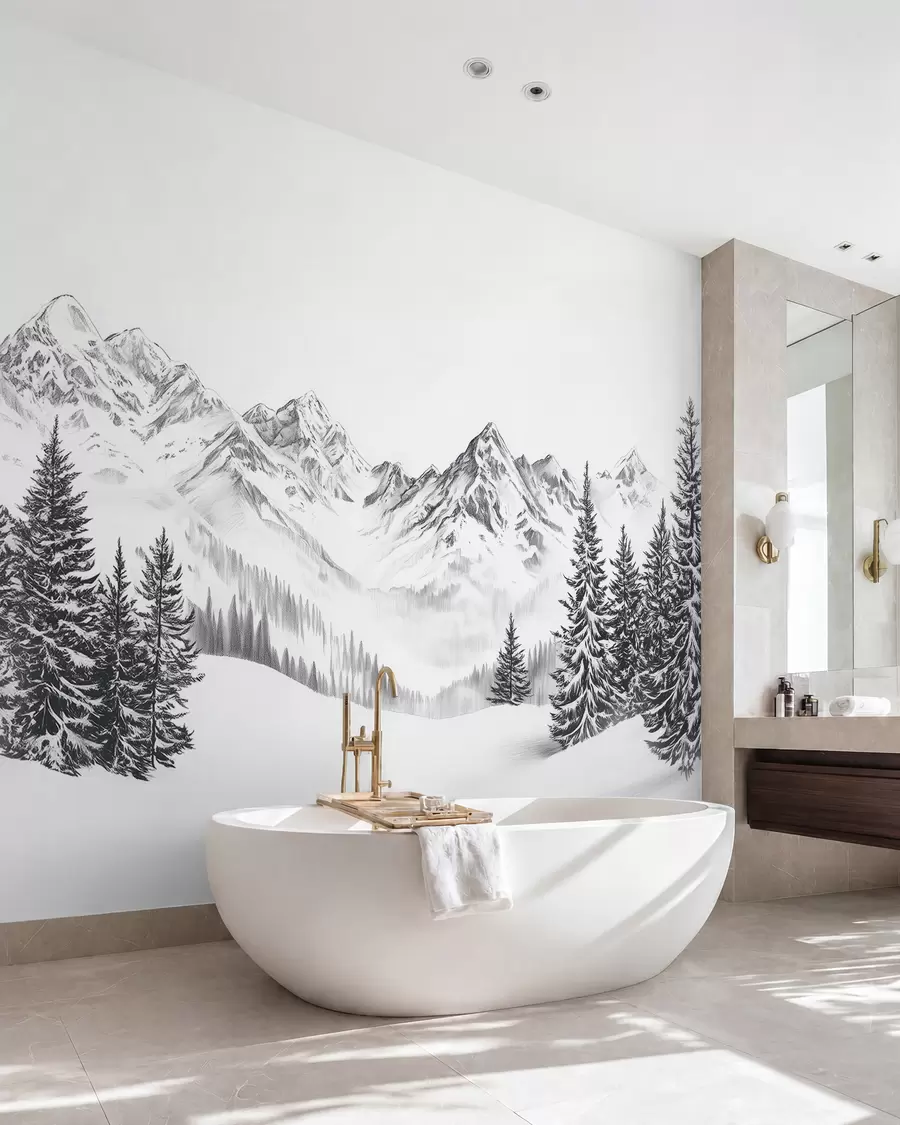 zidne murale Alpske planine u snijegu, stil olovke, minimalizam w02352