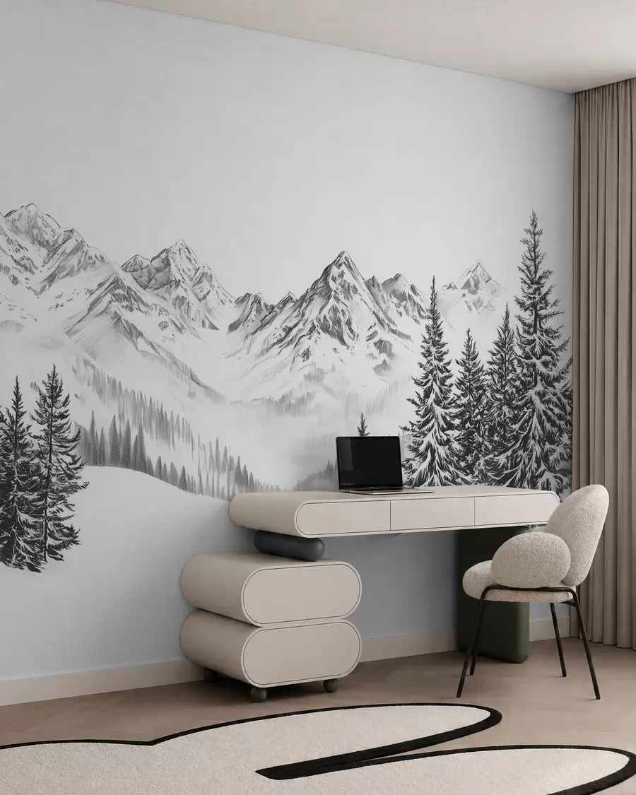 zidne murale Alpske planine u snijegu, stil olovke, minimalizam w02352