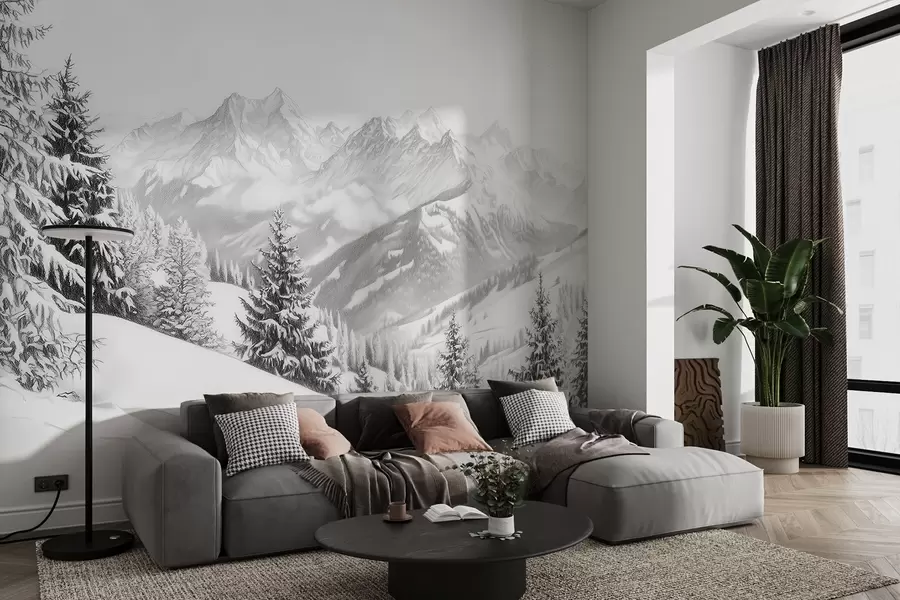 zidne murale Zima u planinama, šuma, Alpe, crtež olovkom, prirodni krajolici w02353
