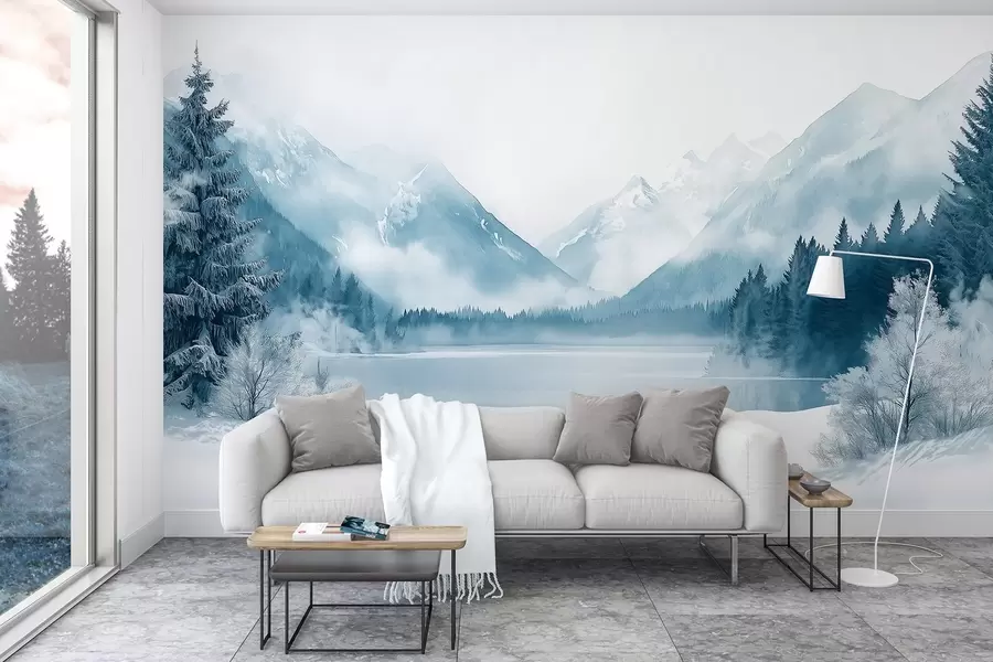 zidne murale Zimske planine, zaleđeno jezero, borova šuma, plava paleta boja, stil akvarela w02354