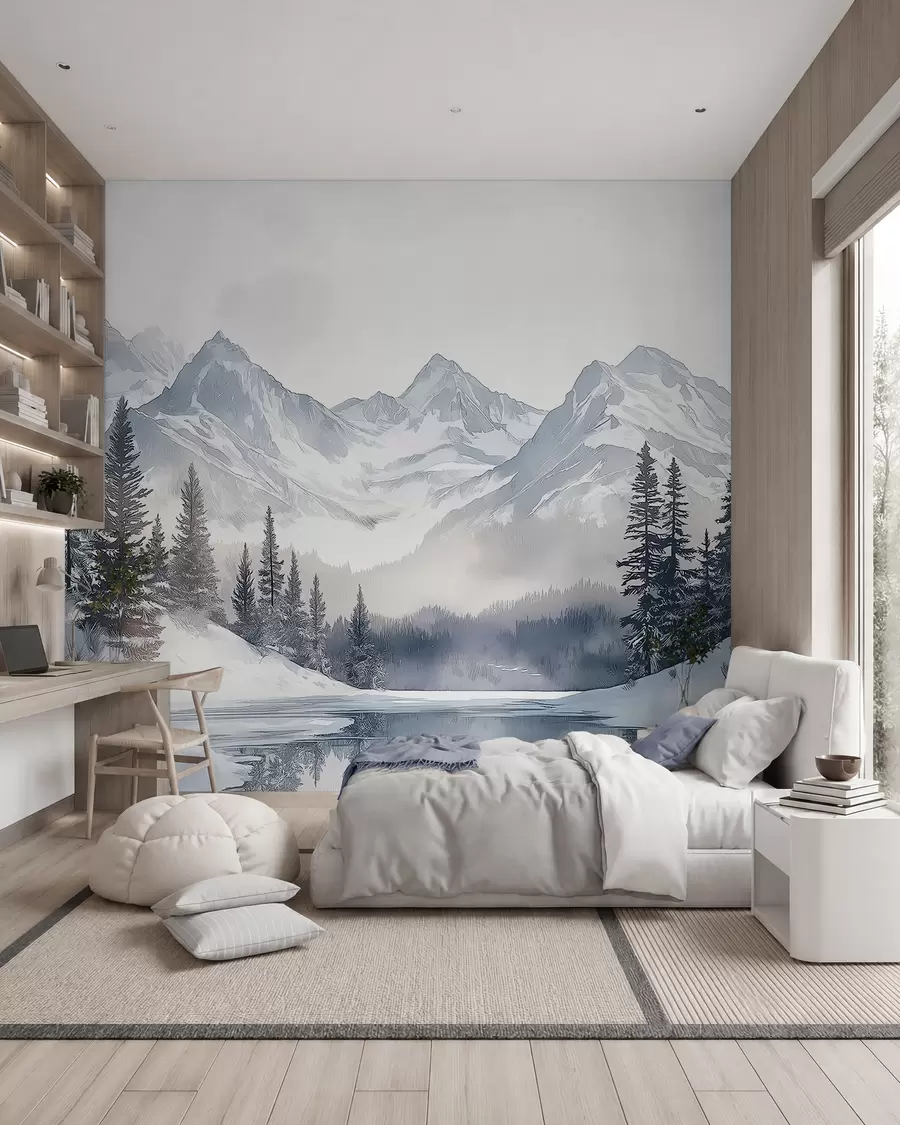 zidne murale Planine s jezerom, zima, šuma, zalazak sunca, priroda w02357