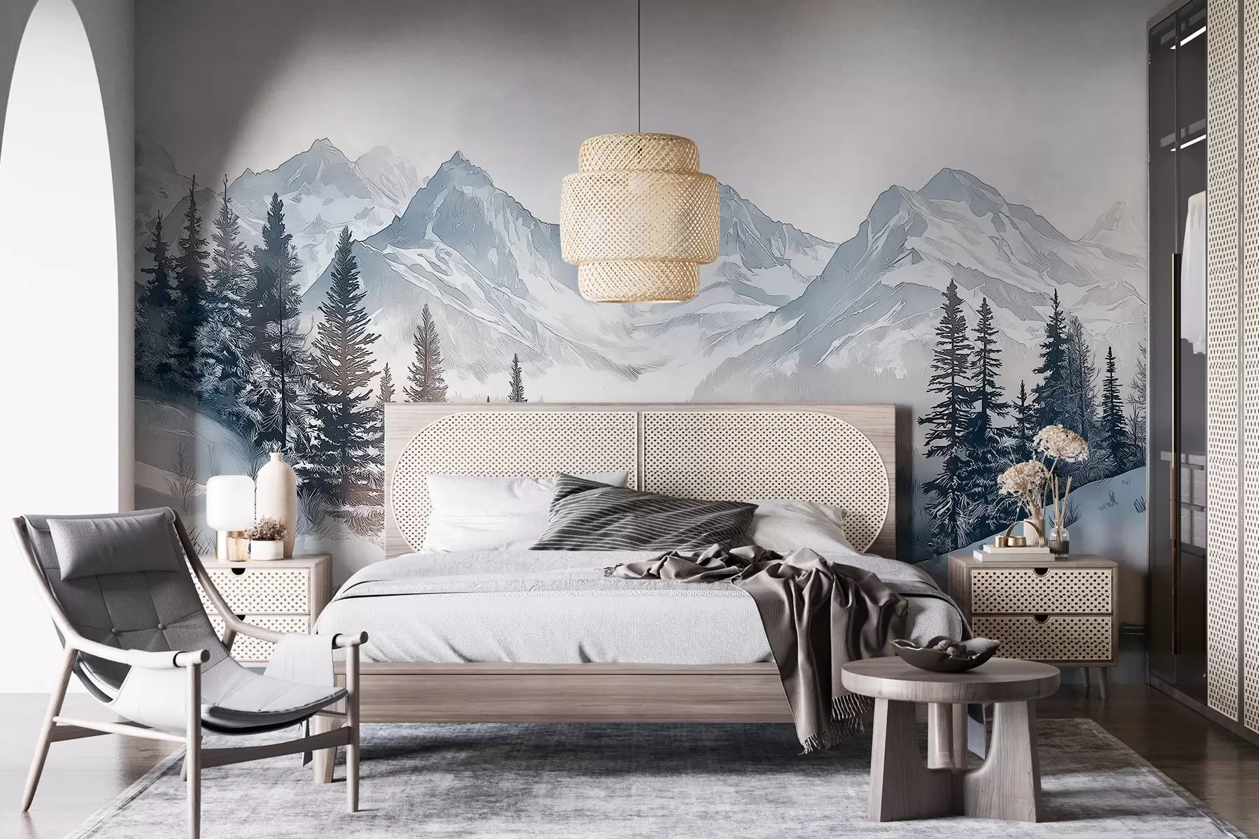zidne murale Planine s jezerom, zima, šuma, zalazak sunca, priroda w02357