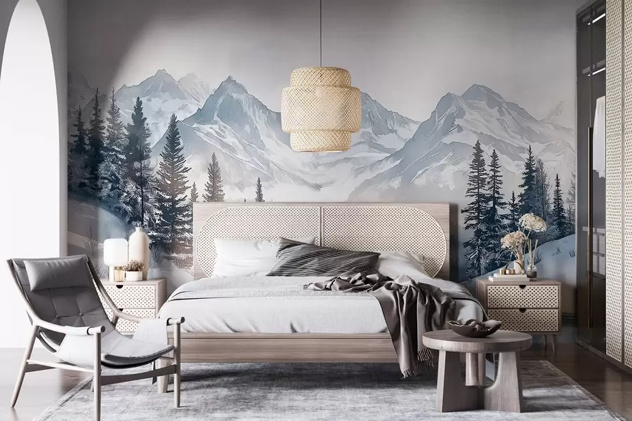 zidne murale Planine s jezerom, zima, šuma, zalazak sunca, priroda w02357