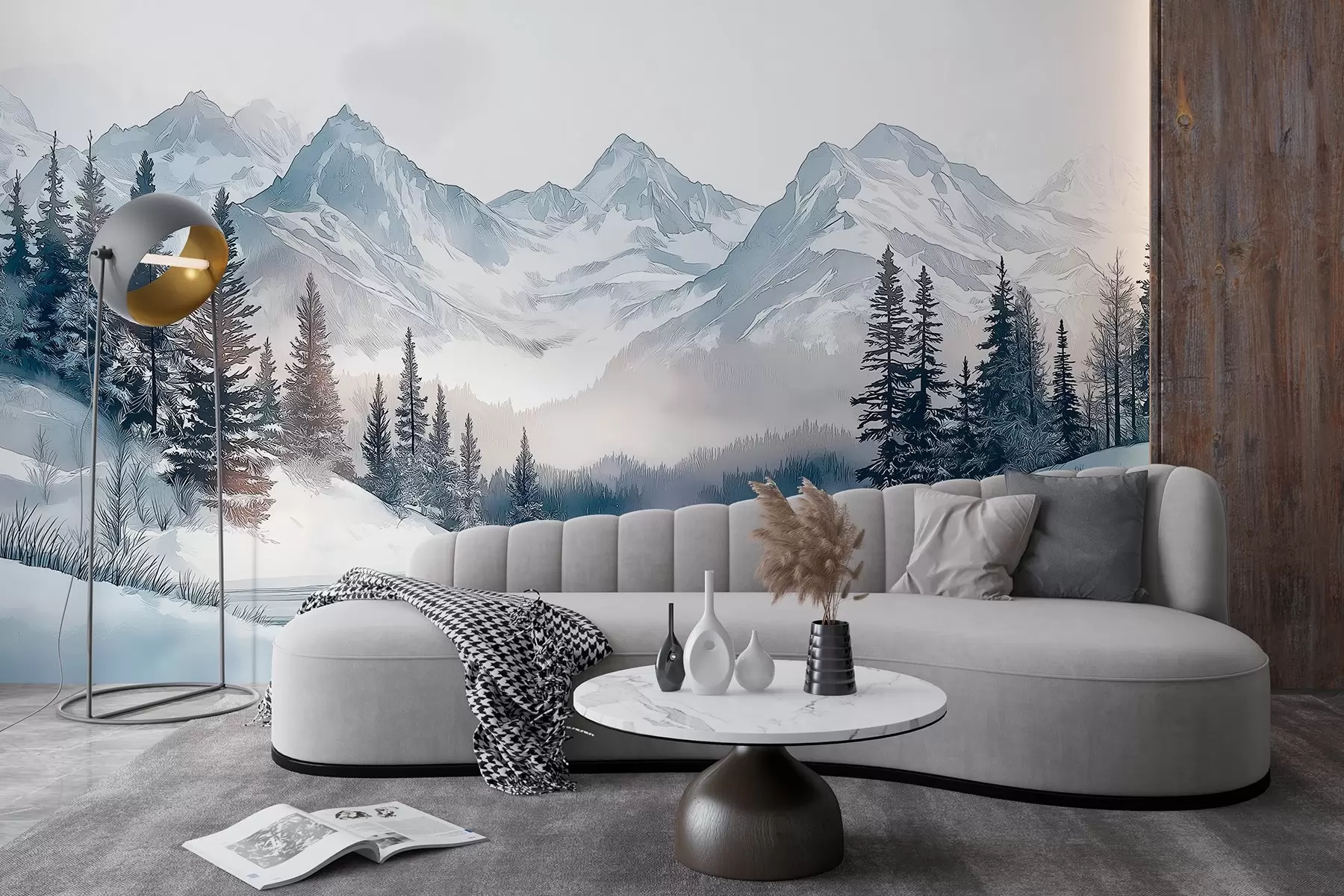 zidne murale Planine s jezerom, zima, šuma, zalazak sunca, priroda w02357