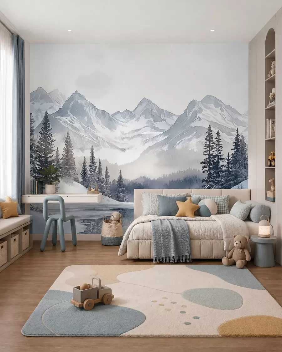 zidne murale Snježni vrhovi iza jezera w02357