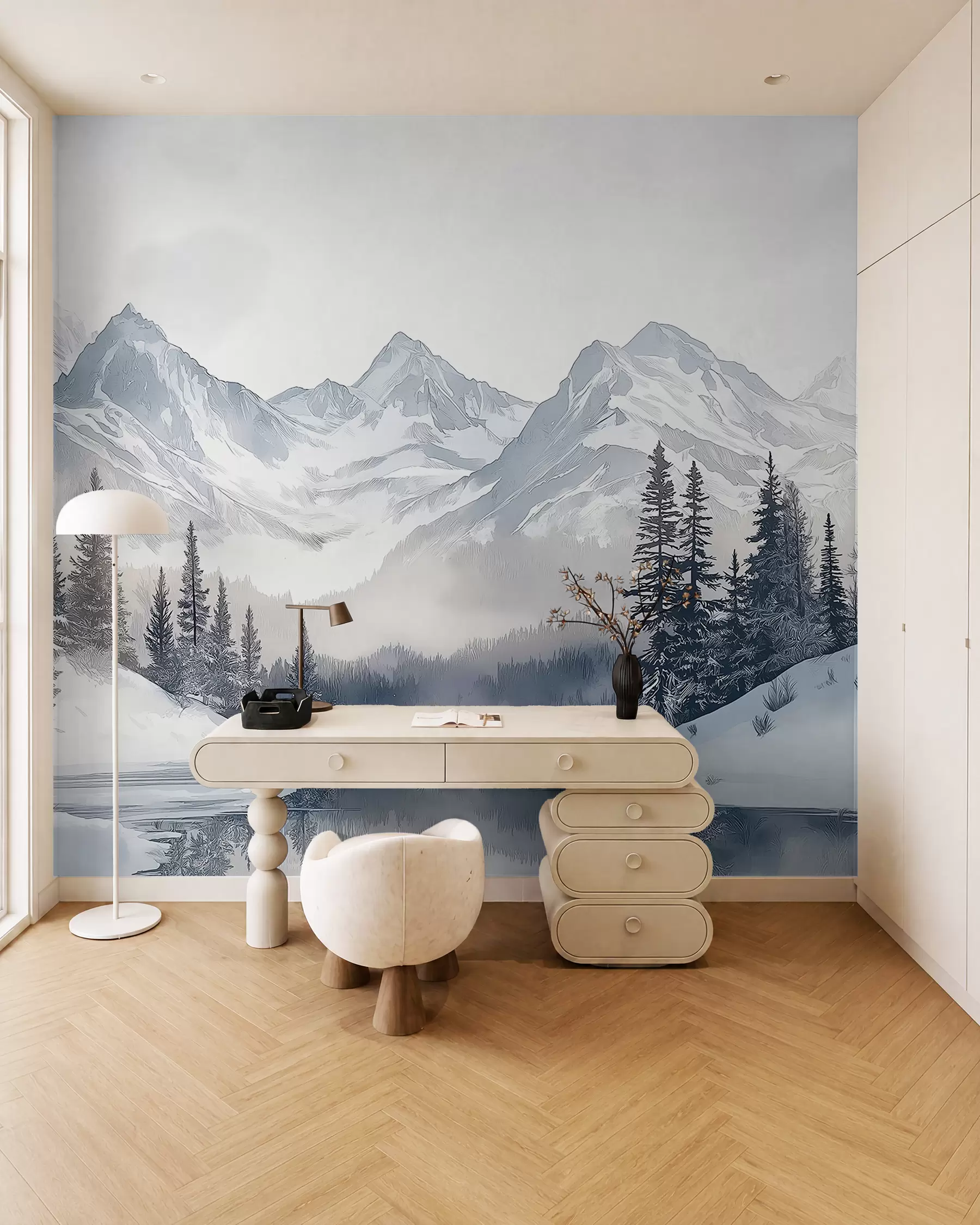 zidne murale Planine s jezerom, zima, šuma, zalazak sunca, priroda w02357