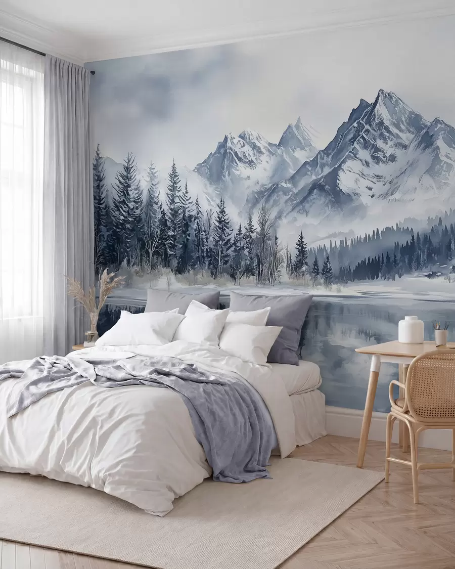 zidne murale Alpe u snijegu, zimska šuma, zaleđeno jezero, plava paleta boja  w02358