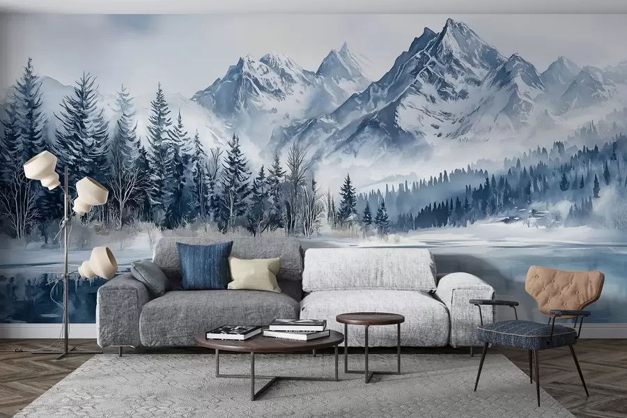zidne murale Alpe u snijegu, zimska šuma, zaleđeno jezero, plava paleta boja  w02358