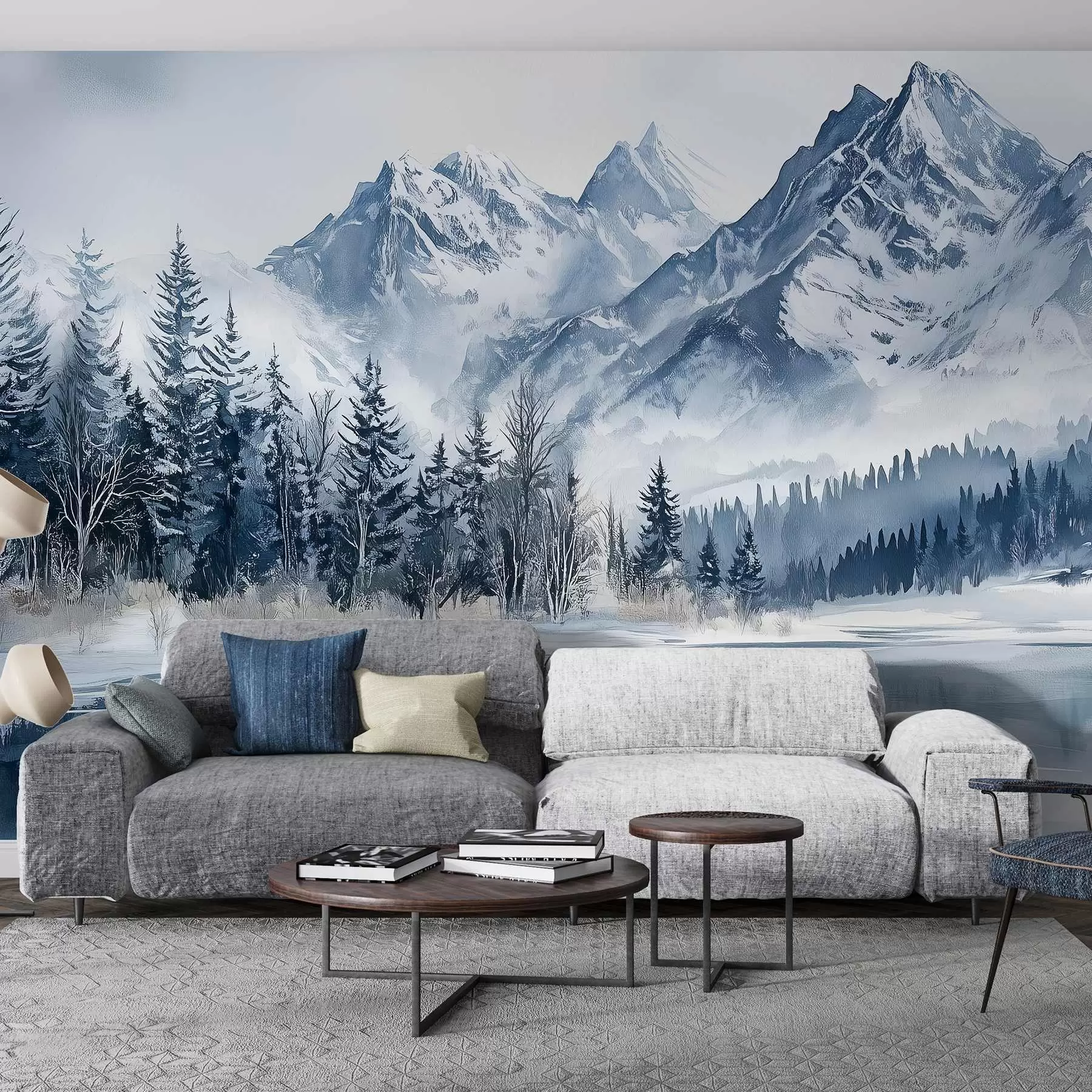 zidne murale Alpe u snijegu, zimska šuma, zaleđeno jezero, plava paleta boja  w02358