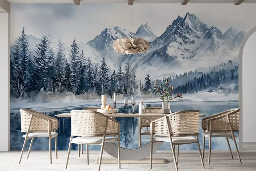 zidne murale Alpe u snijegu, zimska šuma, zaleđeno jezero, plava paleta boja  w02358