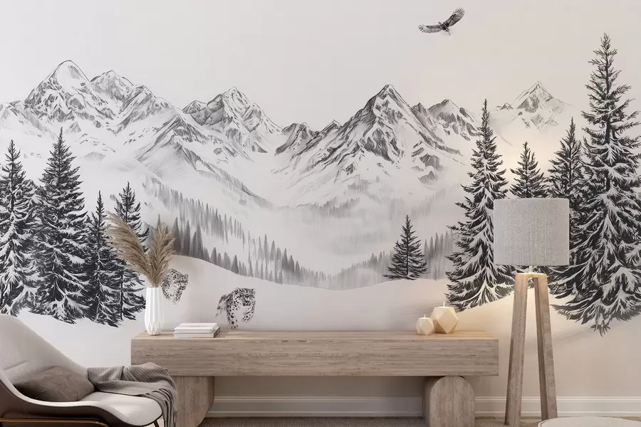 zidne murale Zimske planine, snježni leopardi, borova šuma, crtež olovkom, leteći orao w02360