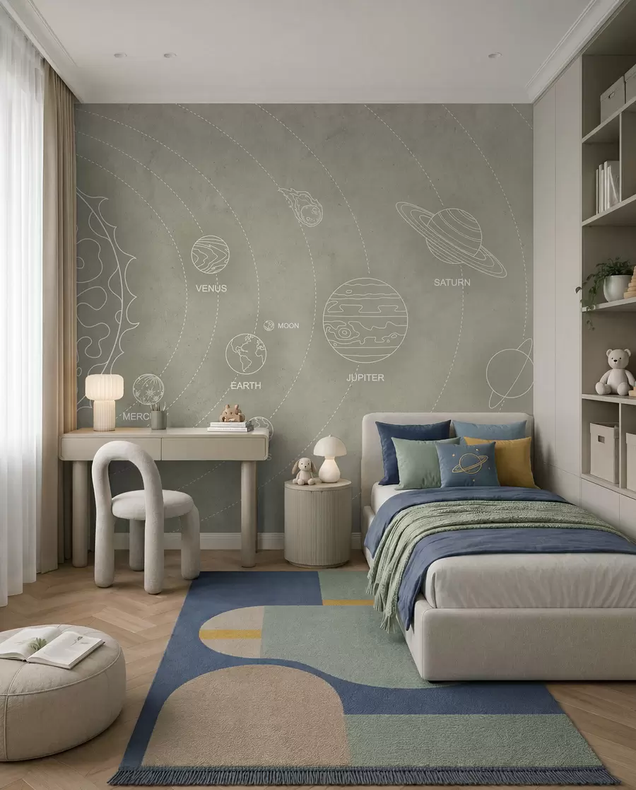 zidne murale Solarni sustav u minimalističkom stilu na hladnoj bež teksturiranoj pozadini w02344