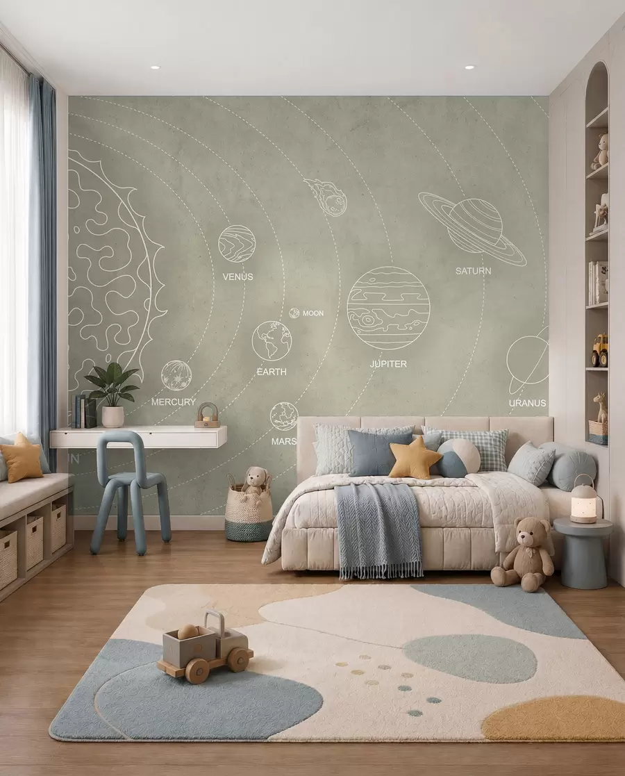 zidne murale Solarni sustav u minimalističkom stilu na hladnoj bež teksturiranoj pozadini w02344
