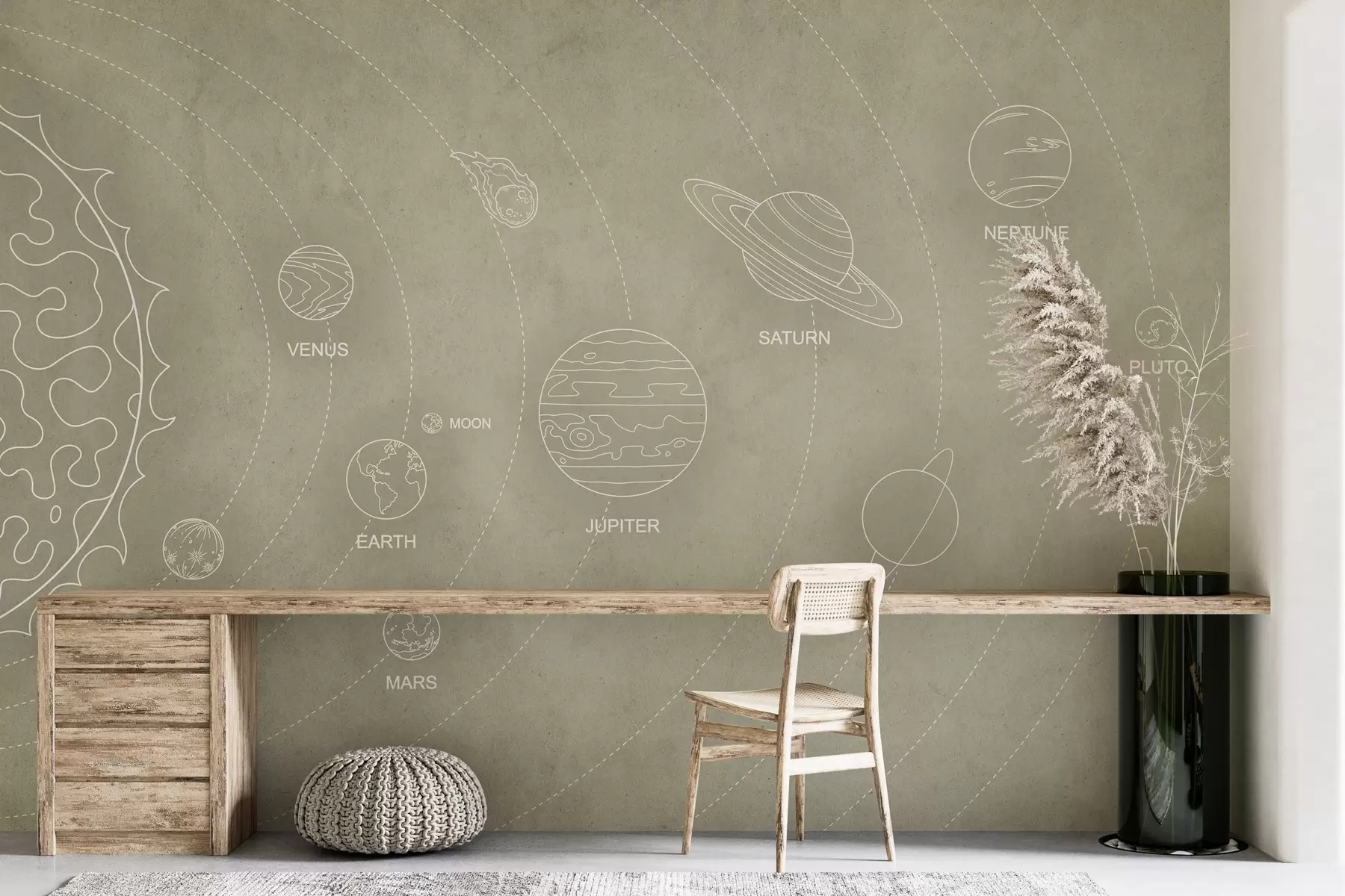 zidne murale Solarni sustav u minimalističkom stilu na hladnoj bež teksturiranoj pozadini w02344