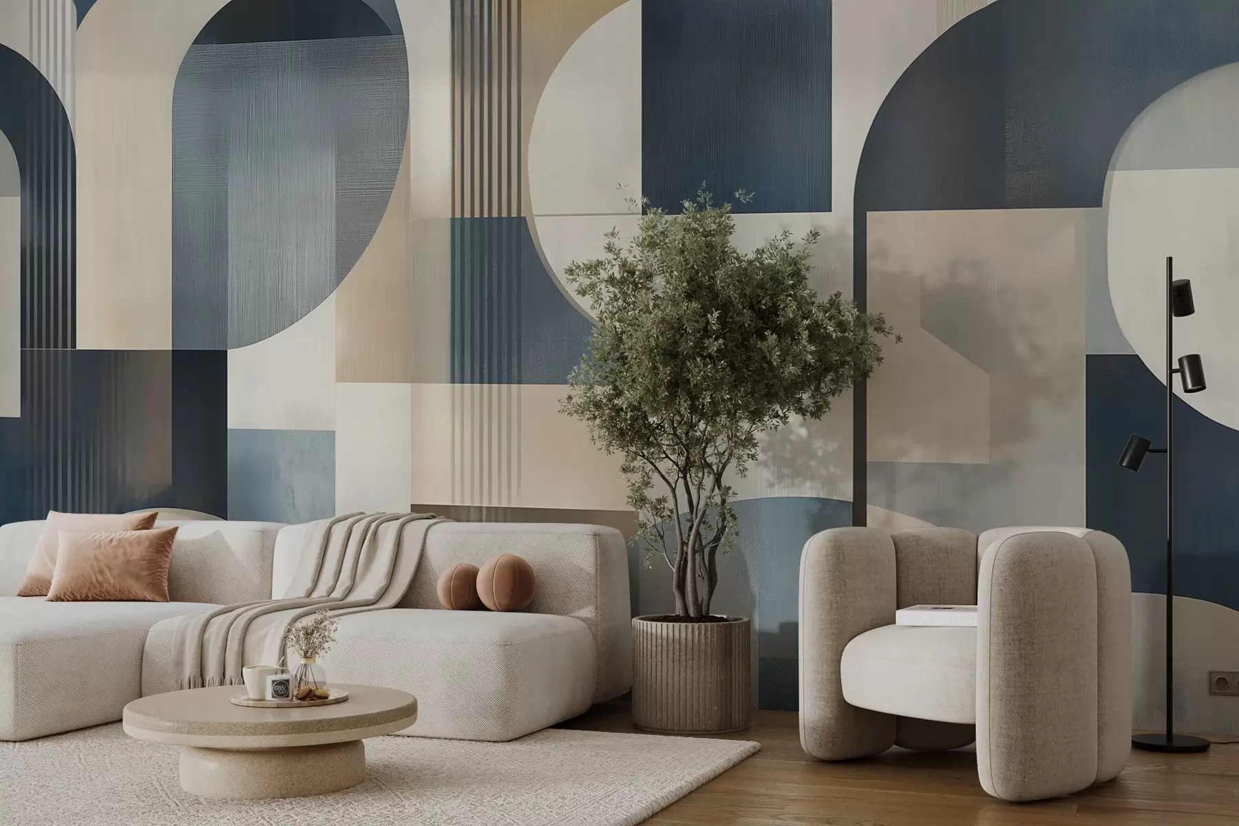 zidne murale Art Deco tapeta s geometrijskim uzorkom u plavim, bež i mliječnim nijansama w02346