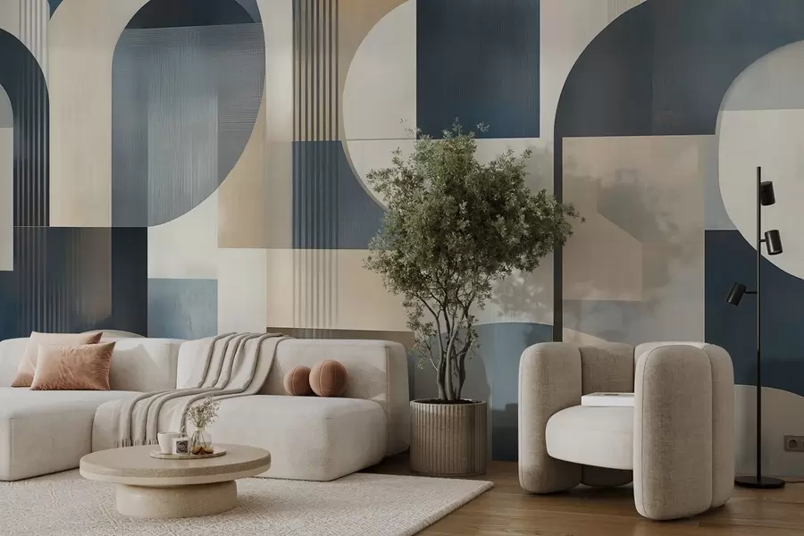 zidne murale Art Deco tapeta s geometrijskim uzorkom u plavim, bež i mliječnim nijansama w02346