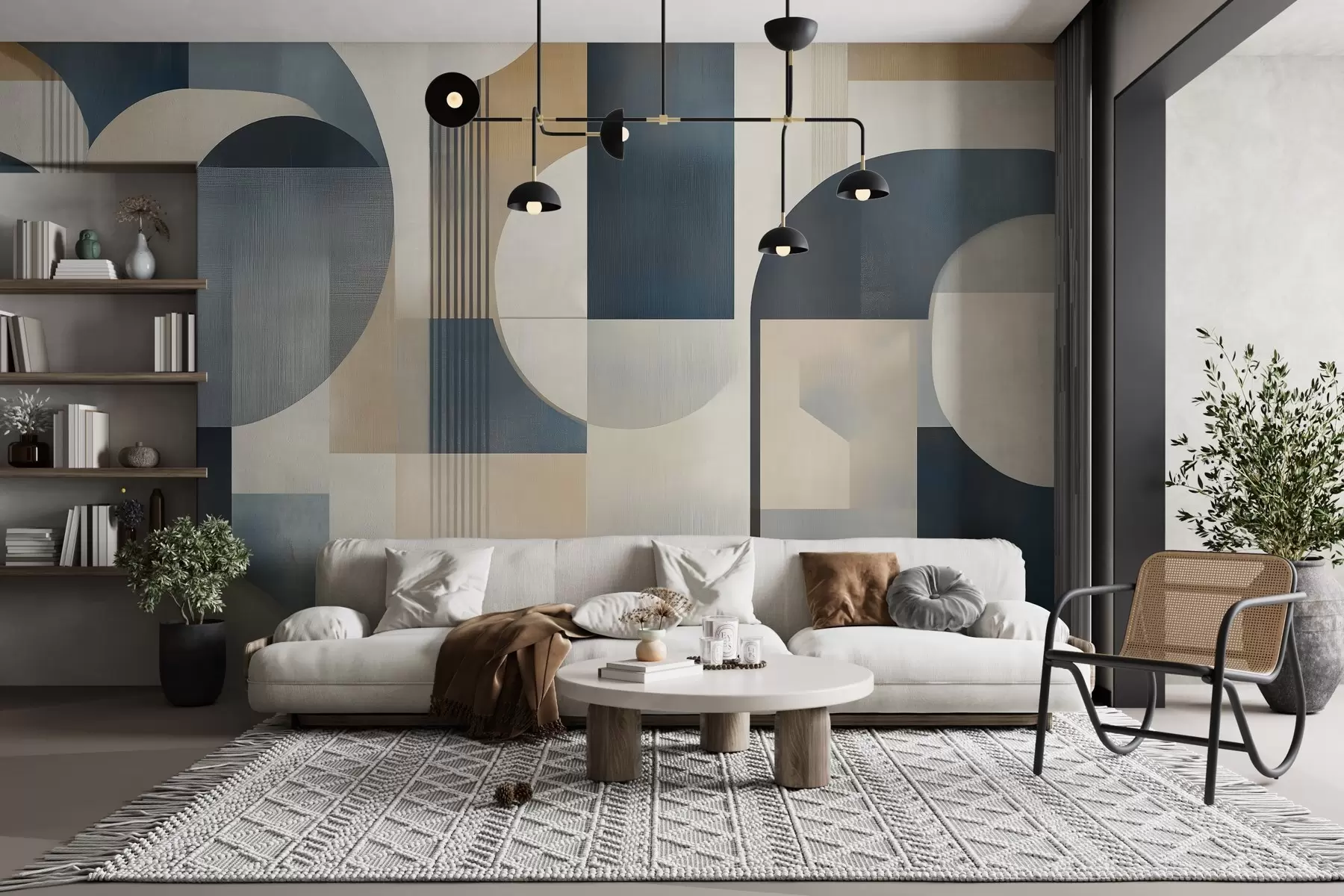 zidne murale Art Deco tapeta s geometrijskim uzorkom u plavim, bež i mliječnim nijansama w02346