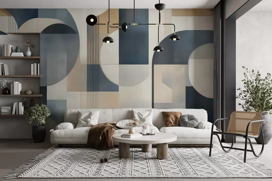 zidne murale Art Deco tapeta s geometrijskim uzorkom u plavim, bež i mliječnim nijansama w02346