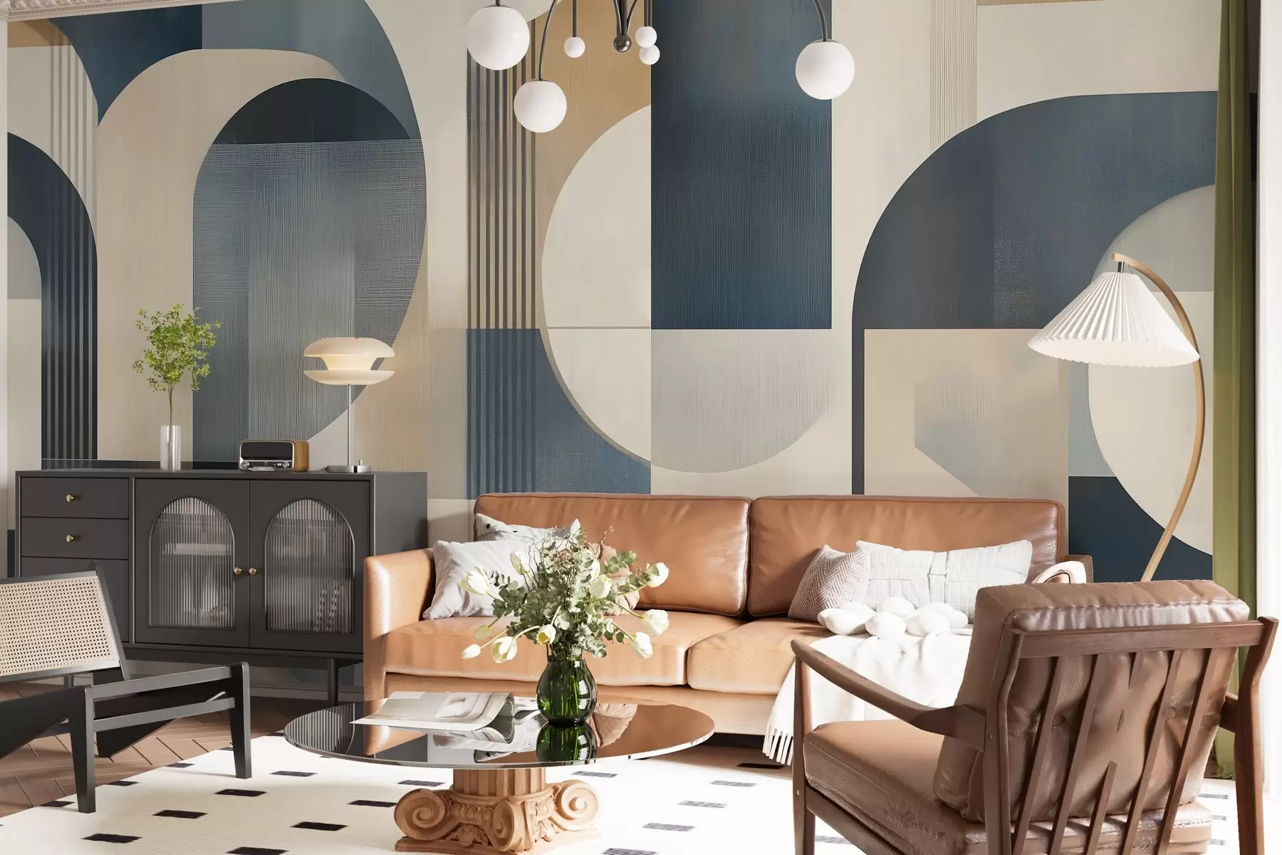zidne murale Art Deco tapeta s geometrijskim uzorkom u plavim, bež i mliječnim nijansama w02346