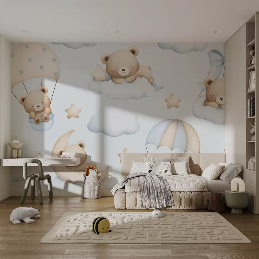 zidne murale Medvjedi na padobranima i oblaci na plavoj pozadini w02385