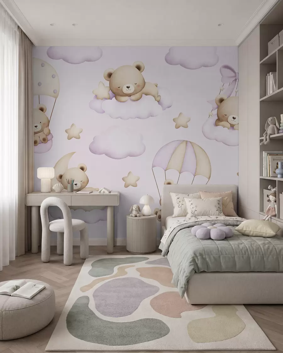 zidne murale Medvjedi na padobranima i oblaci na ružičastoj pozadini w02385v1