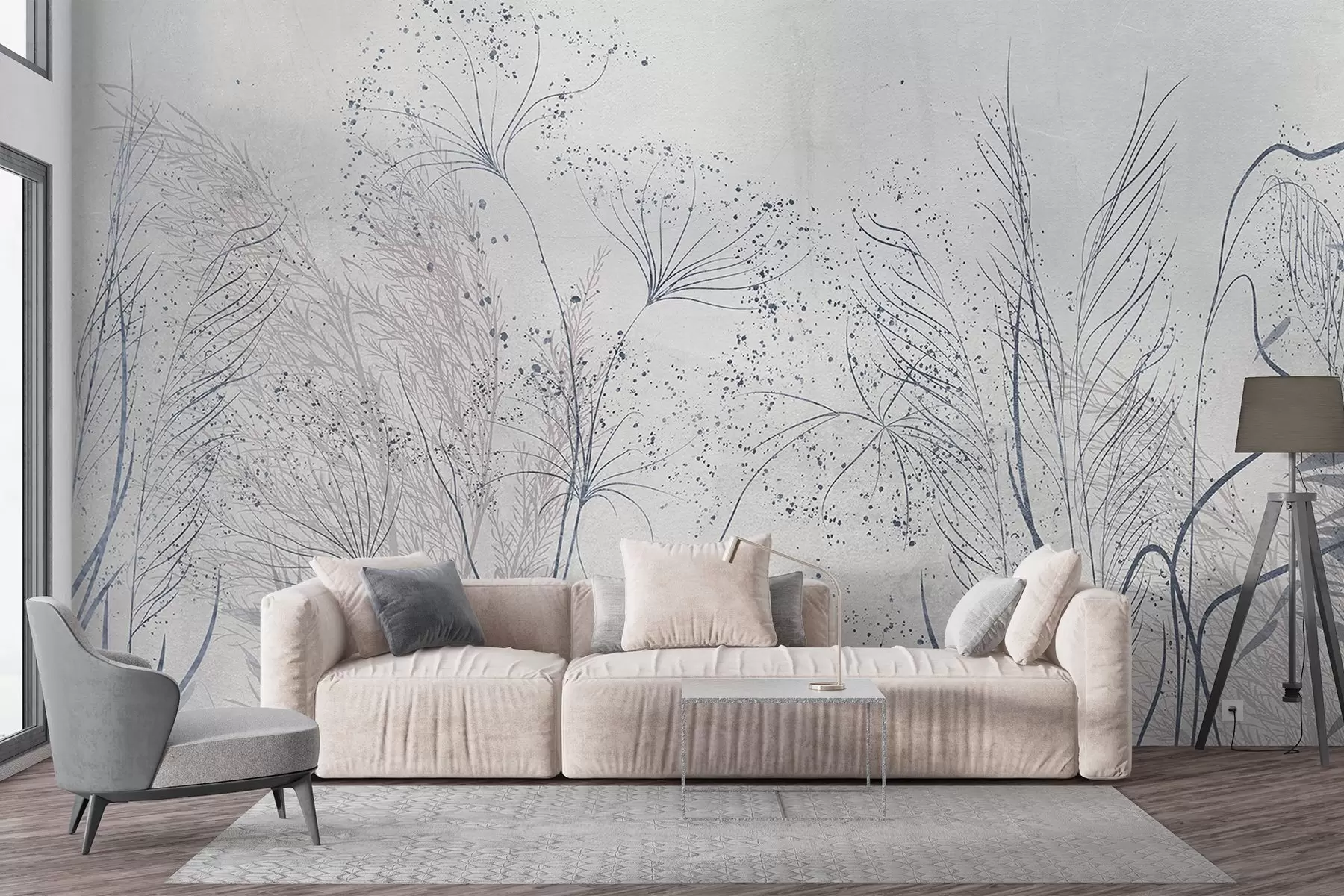 zidne murale Jednobojna ilustracija raznih sivih biljaka i klasića s nježnim, oštrim linijama i teksturama  w08441v1