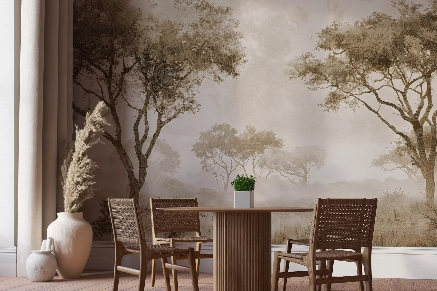 zidne murale Magloviti, spokojan krajolik sa siluetama drveća u prvom planu s mekom maglom u nijansama smeđe i bež boje w08442v2