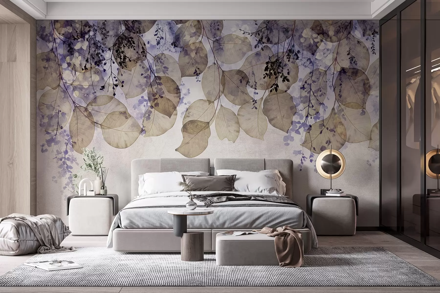 zidne murale Nježno suho lišće i cvijeće u nijansama ljubičaste, bež i bijele na svijetloj teksturnoj pozadini w08447