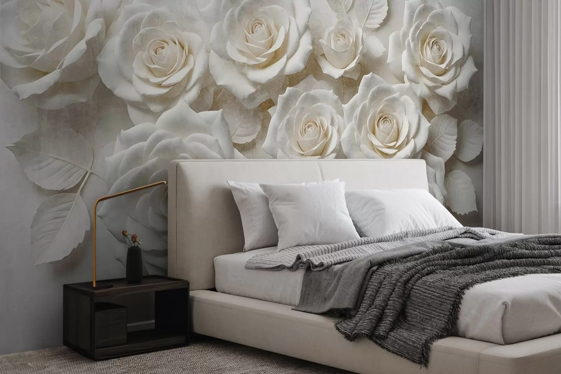 zidne murale Pogled izbliza na nekoliko bijelih ruža s mekim, nježnim laticama na bijeloj pozadini w08448