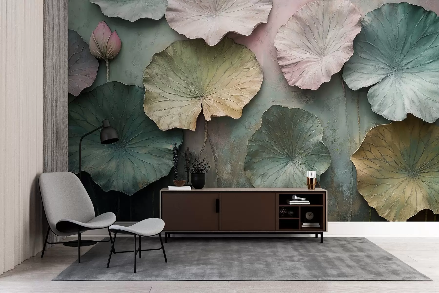 zidne murale lišće lotosa u pastelnom stilu s efektom volumena w02441