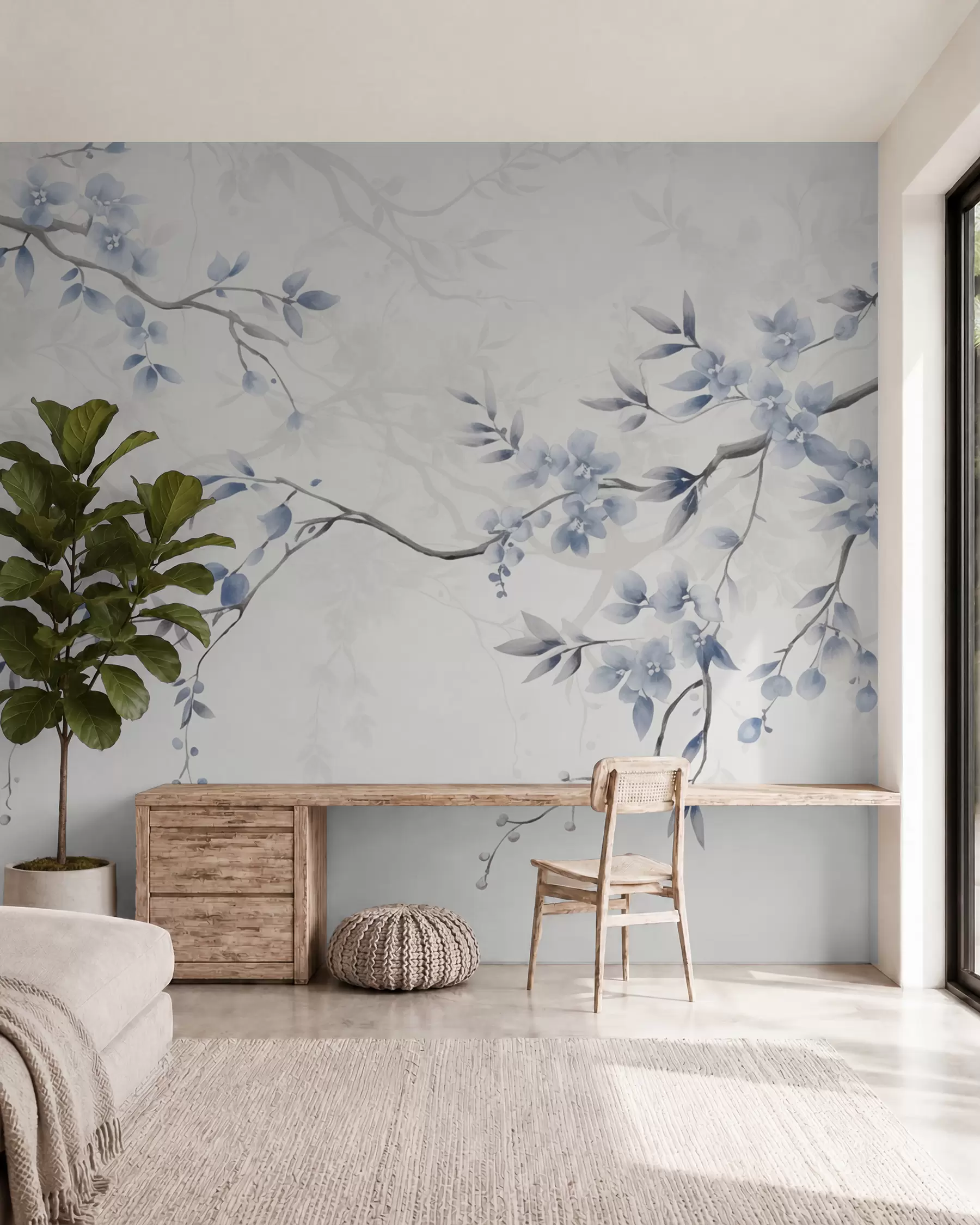 zidne murale Moderne grane s cvijećem i lišćem w02449