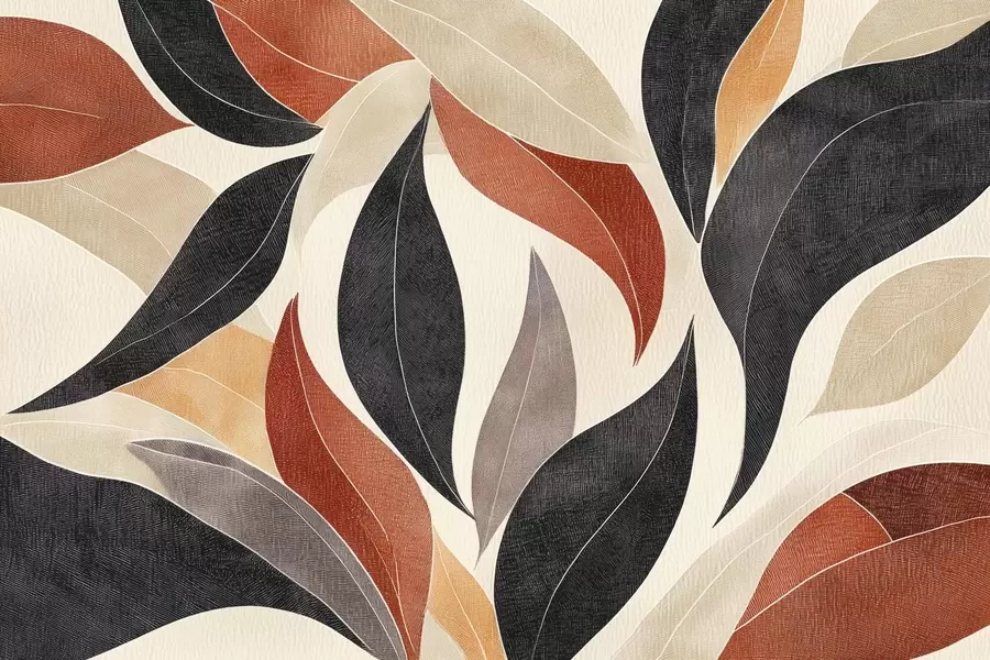zidne murale apstraktno lišće u paleti zemljanih tonova – bež, terakota i tamno siva w02452