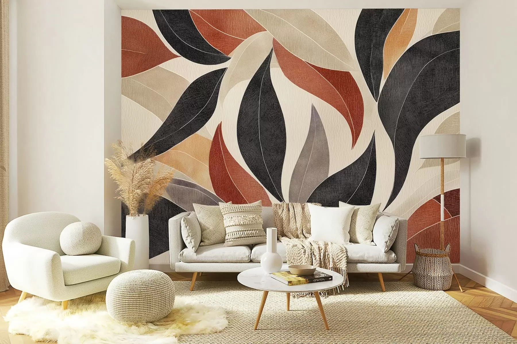 zidne murale apstraktno lišće u paleti zemljanih tonova – bež, terakota i tamno siva. w02452