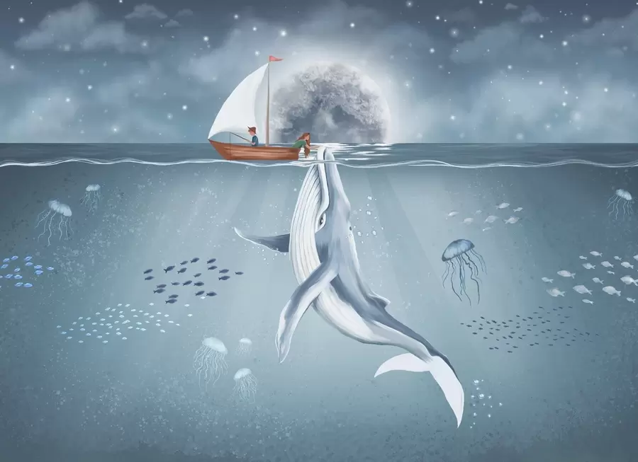 zidne murale Dječji dizajn s kitom, mjesecom i brodom s djecom w02476