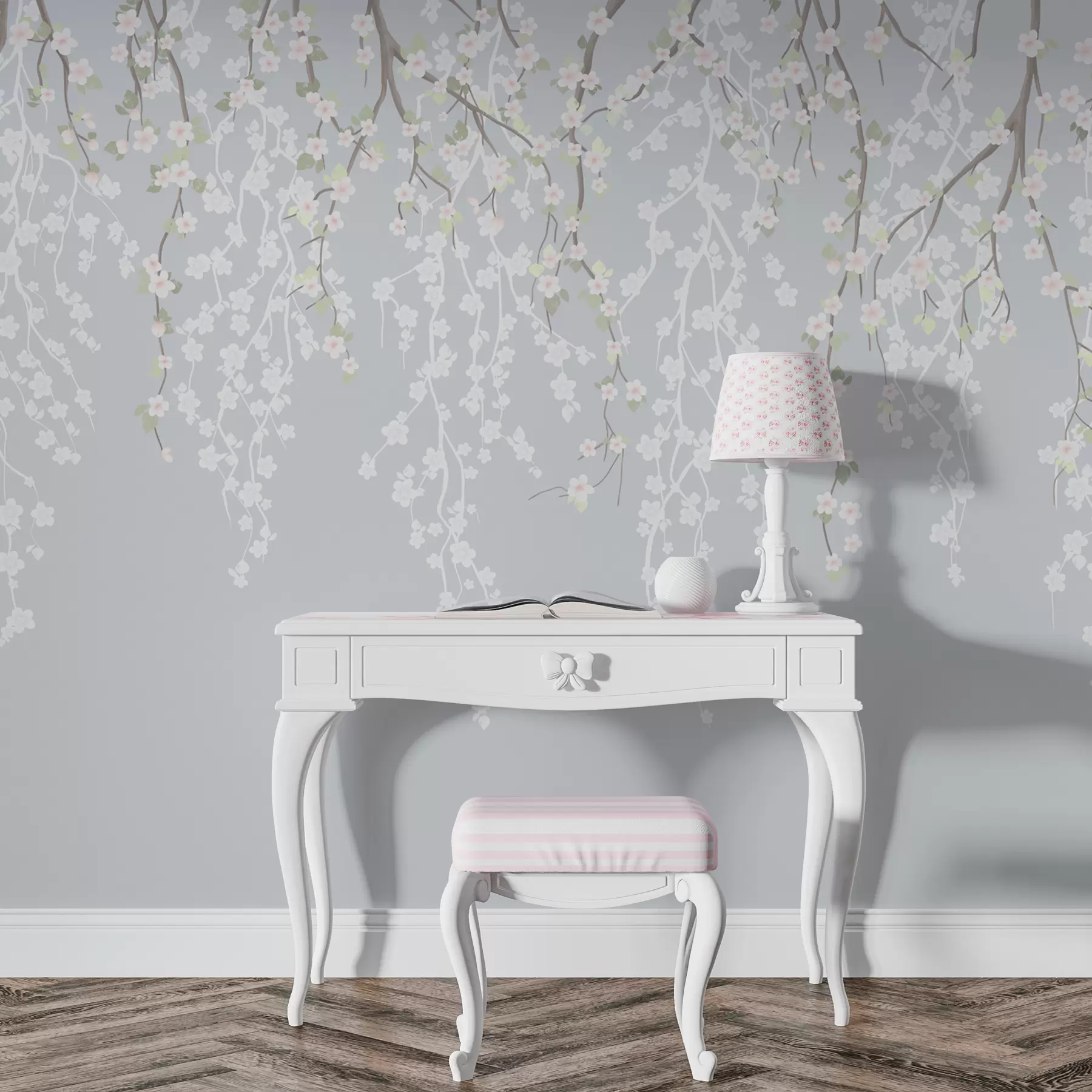 zidne murale Padajuće nježne grane s cvijećem na plavoj pozadini w02479