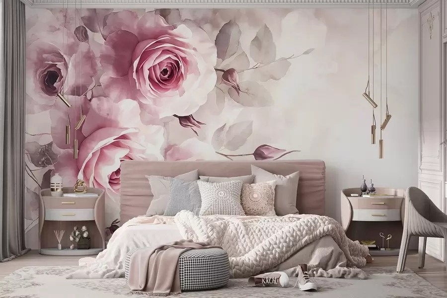 zidne murale Nježne pastelno ružičaste ruže i lišće s mekom, zamućenom imitacijom pozadine akvarela w08459