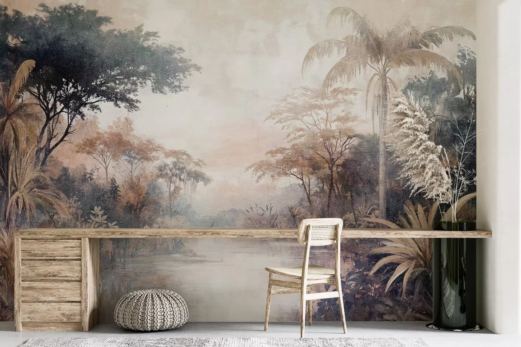 zidne murale Teksturirani tropski krajolik s mirnom rijekom okružen bujnim palmama, grmljem i drugim lišćem w08460