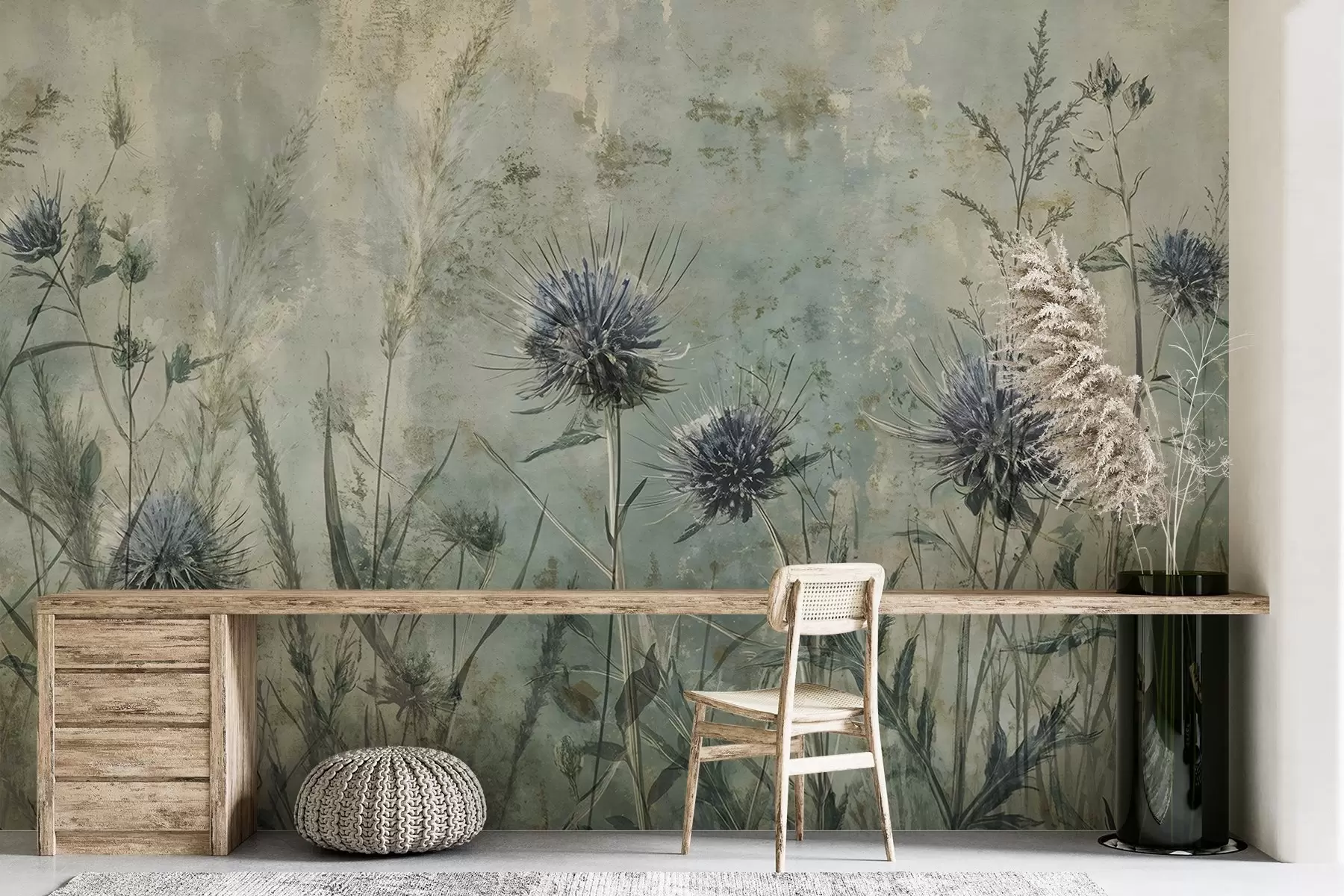 zidne murale Polje ljubičastog cvijeća čička s zamućenim cvjetovima i lišćem u vintage teksturalnoj pozadini w08463