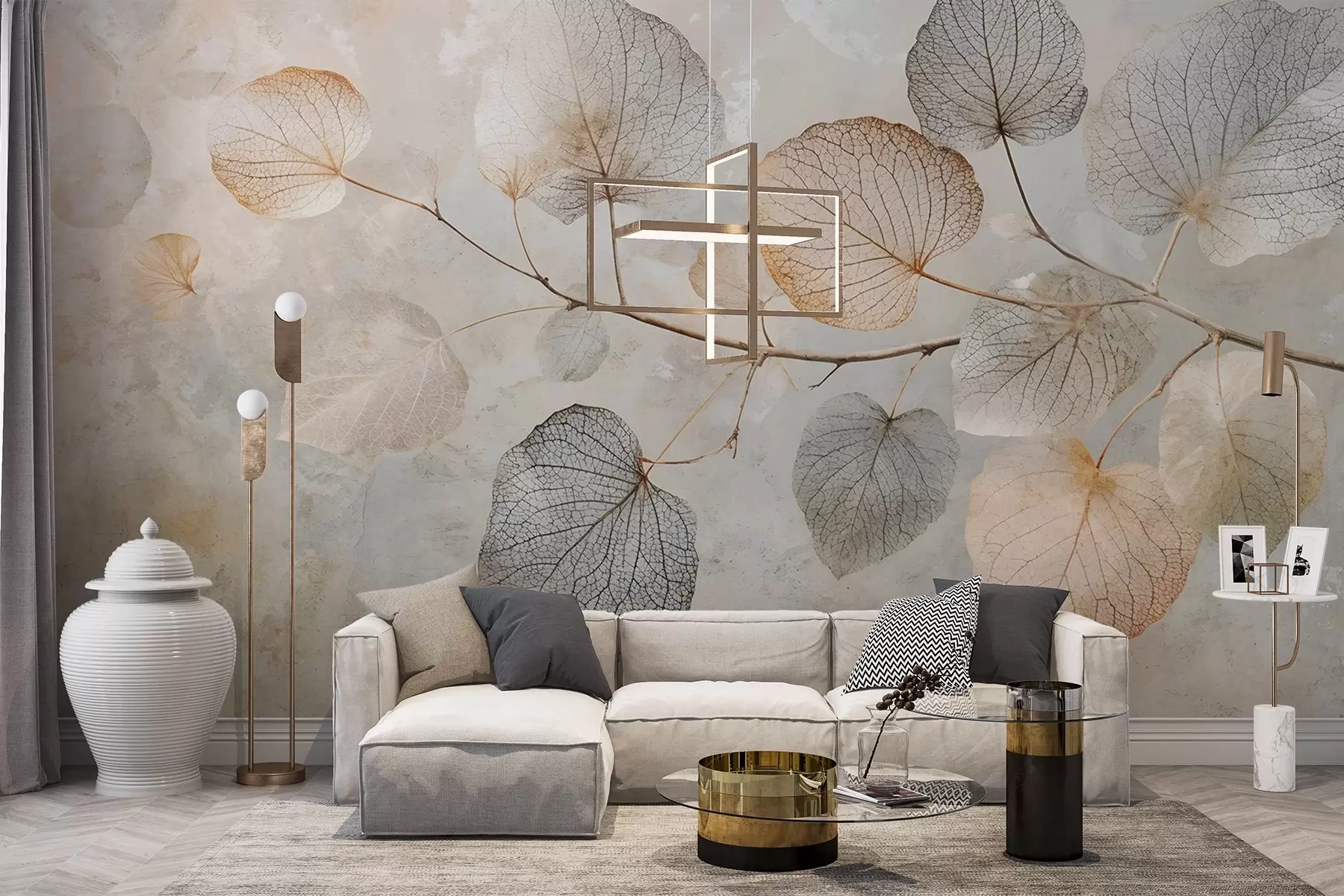 zidne murale Nježni listovi sa zamršenim venama i mekim, prigušenim bojama na pozadini blijede teksture w08469