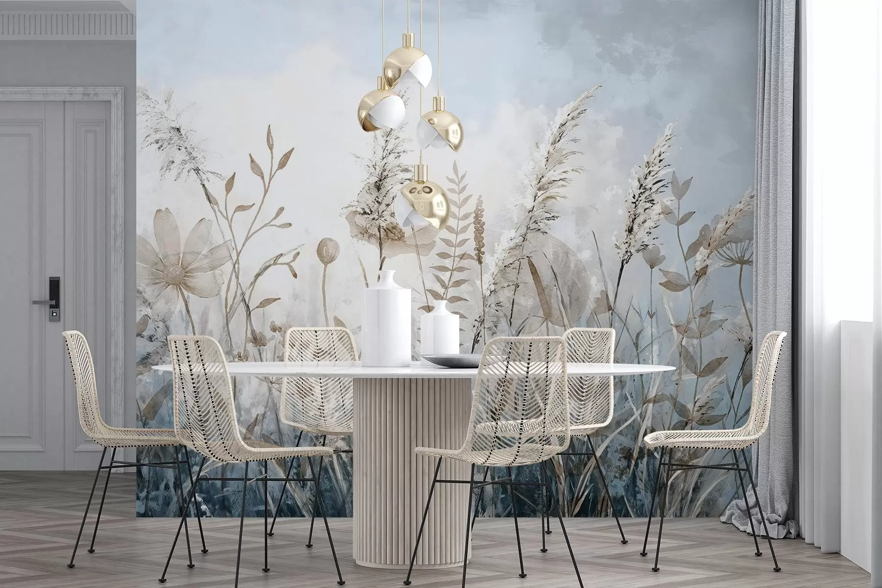 zidne murale Polje visoke trave, prirodnog lišća i biljaka s mekom, pramenastom teksturom nasuprot maglovitog, oblačnog neba w08472