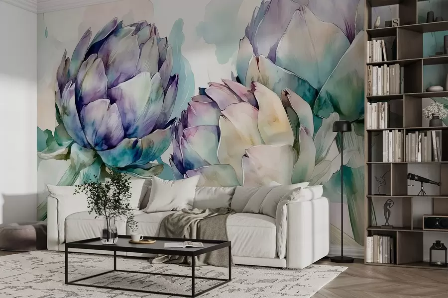 zidne murale Artičoke u stilu akvarela, cvijeće, ružičasto i zeleno w02481v1