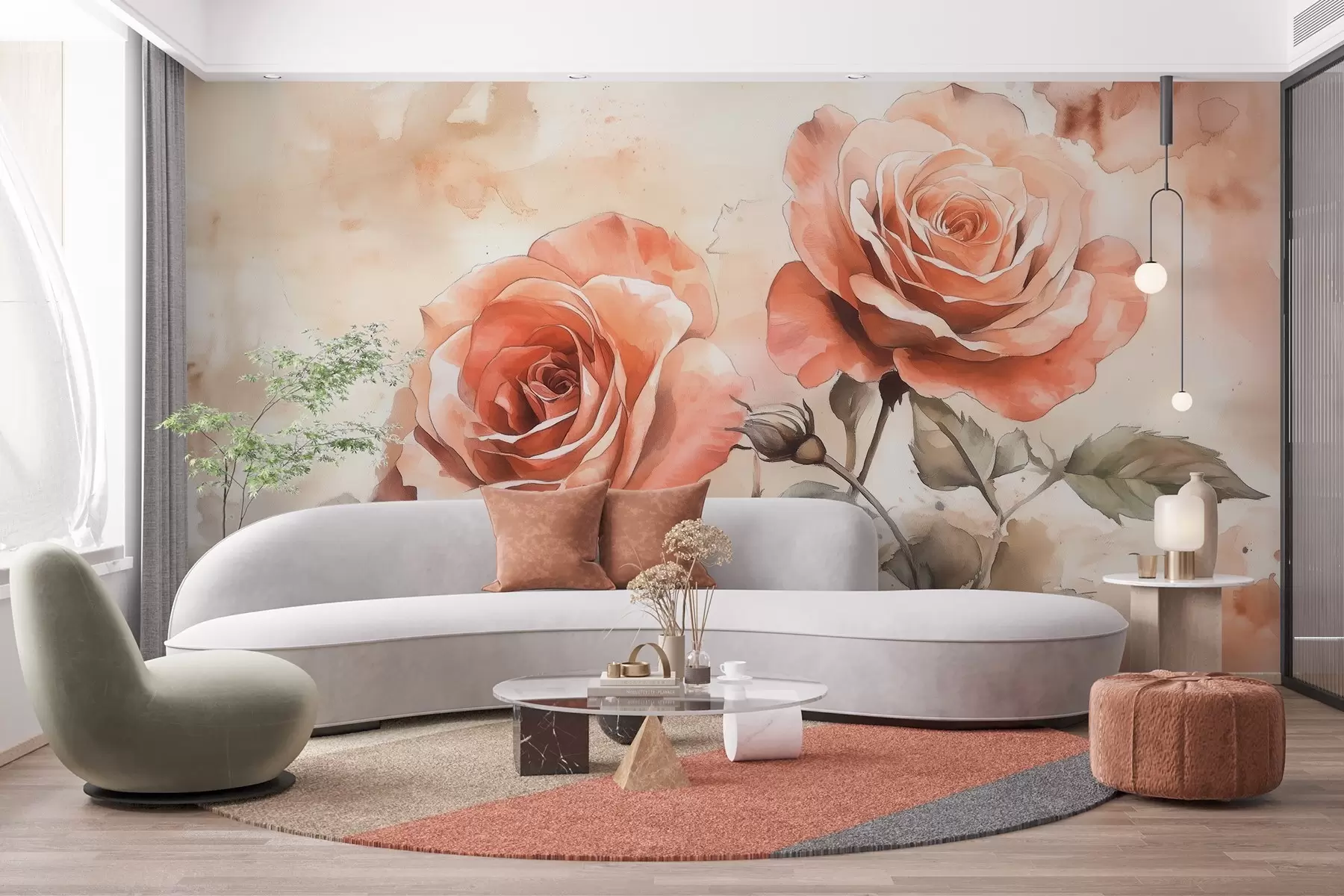 zidne murale Prekrasne crvene ruže u stilu akvarela, cvjetne, bež boje w02486